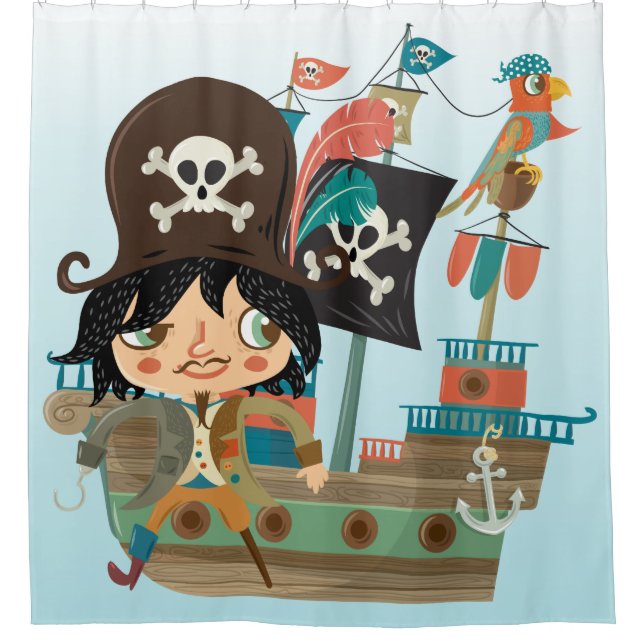 Pirate Ship With Parrot and Peg Leg Pirate Shower Curtain (Front)