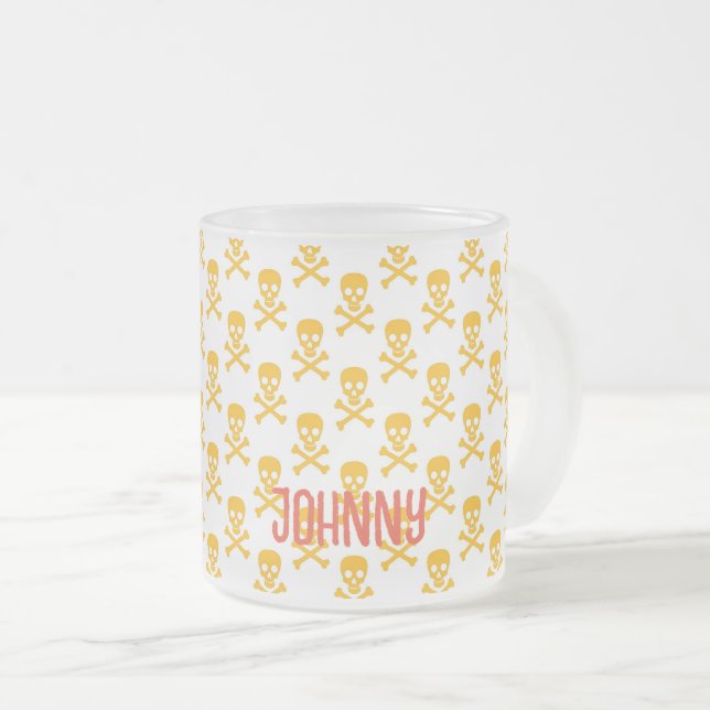 Pirate Silhouette Crossbones Pattern NAME Colourfu Frosted Glass Coffee Mug (Front Right)