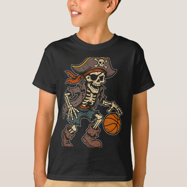 Pirate Skeleton Basketball Halloween Pirate Costum T-Shirt (Front)