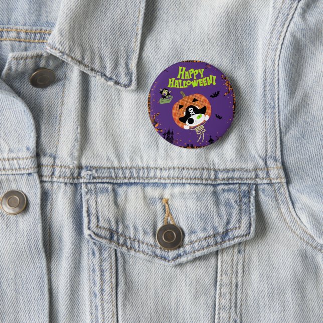 Pirate skeleton cat 6 cm round badge (In Situ)