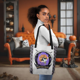 Pirate skeleton cat and plaid tote bag