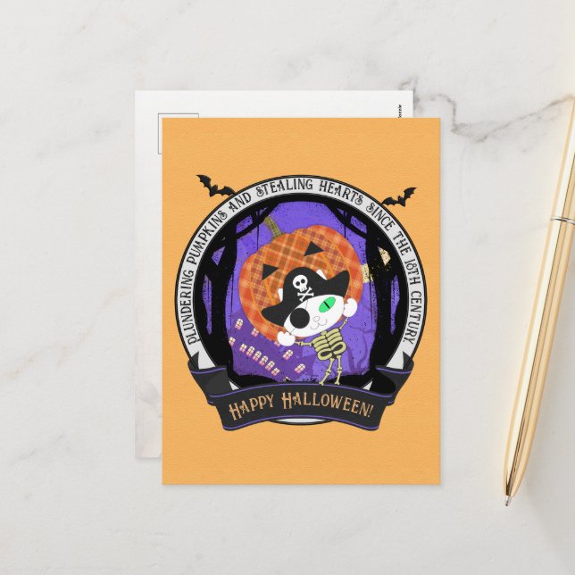Pirate skeleton cat holiday postcard (Front/Back In Situ)