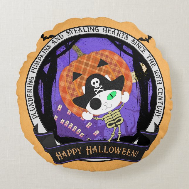 Pirate skeleton cat round cushion (Front)