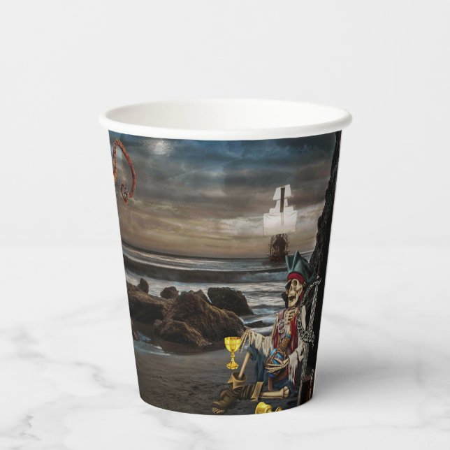 Pirate Skeleton on the Beach Birthday Party Paper Cups (Back)