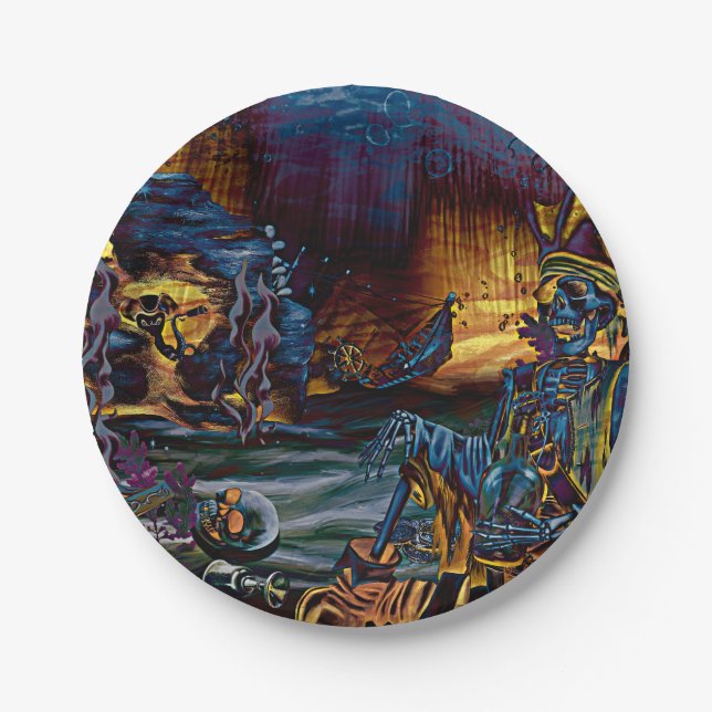 Pirate Skeleton Treasure Under the Sea Comic Art Paper Plate (Front)