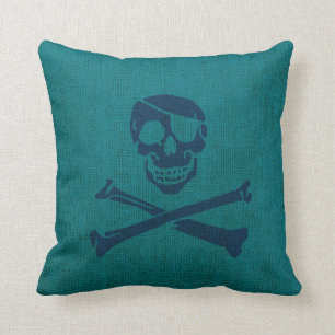 Pirate Skull and Crossbones in Ocean Green Blue Cushion