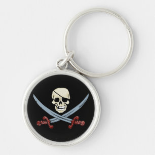 Pirate Skull and Crossed Cutlasses Creepy Art Key Ring