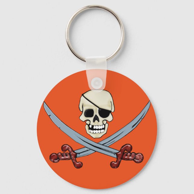Pirate Skull and Crossed Cutlasses Creepy Art Key Ring (Front)