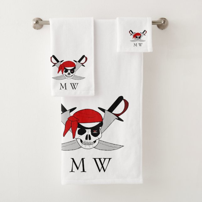 Pirate Skull And Swords Design Monogrammed Bath Towel Set (Insitu)