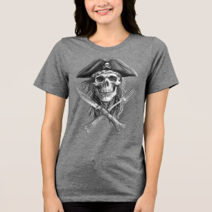 Pirate Skull B&W w/Crossed Knife and Fork Tri-Blend Shirt