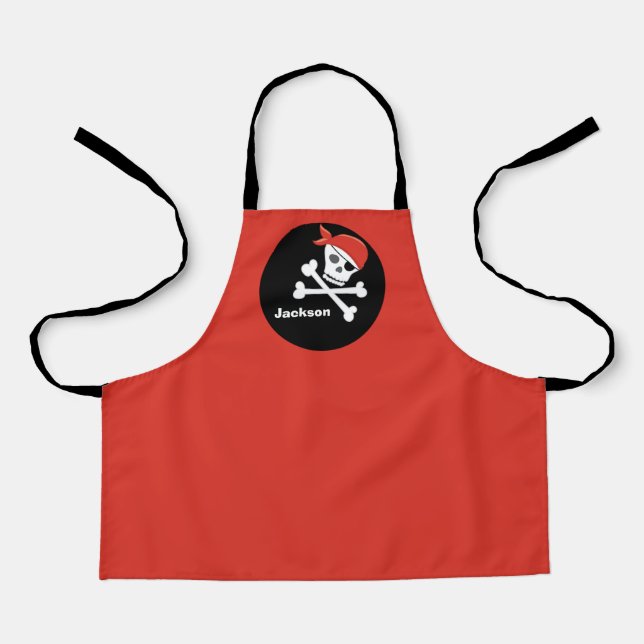 Pirate Skull Cool Custom Red Black Kids Monogram Apron (Front)