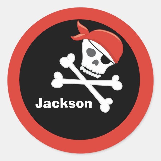 Pirate Skull Crossbones Black Red Monogram Kids Classic Round Sticker (Front)
