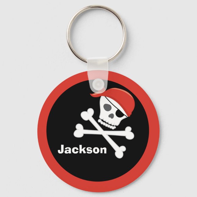 Pirate Skull Crossbones Black Red Monogram Kids Key Ring (Front)