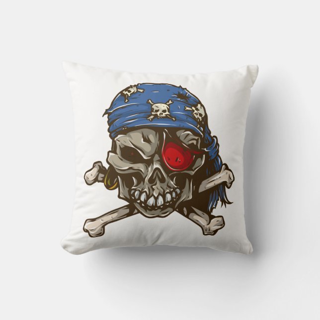 Pirate skull crossbones blue bandanna eye patch cushion (Front)