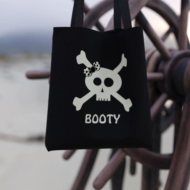 Pirate Skull Crossbones Name Black Tote Bag (Cute Pirate Skull Crossbones Black Tote Bag with space for your name)