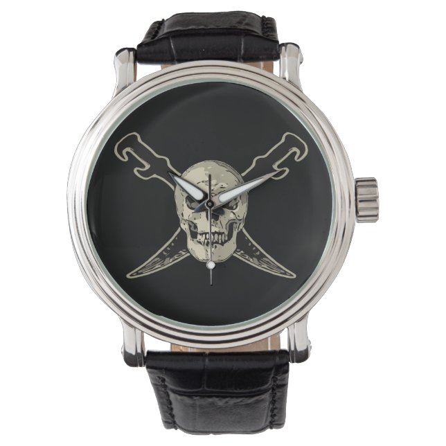 Pirate (Skull) - Custom Black Vintage Leather Watch (Front)