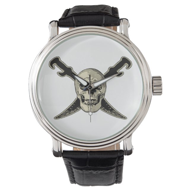 Pirate (Skull) - Custom Black Vintage Leather Watch (Front)