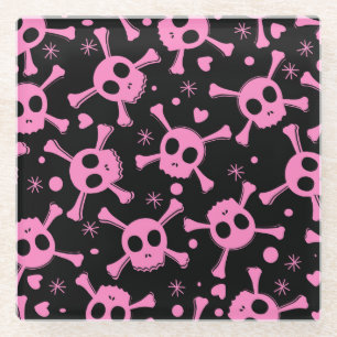 Pirate Skull: Girlish Hearts Pattern Glass Coaster