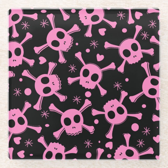 Pirate Skull: Girlish Hearts Pattern Glass Coaster (Front)