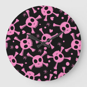Pirate Skull: Girlish Hearts Pattern Large Clock
