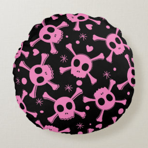 Pirate Skull: Girlish Hearts Pattern Round Cushion