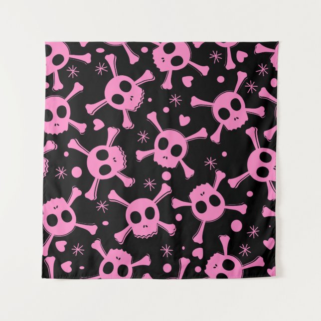Pirate Skull: Girlish Hearts Pattern Tapestry (Front)