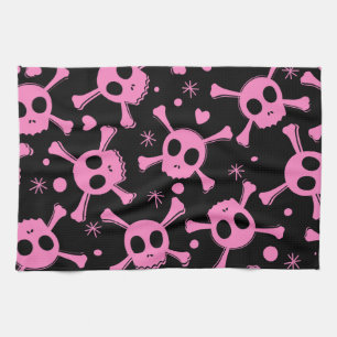 Pirate Skull: Girlish Hearts Pattern Tea Towel