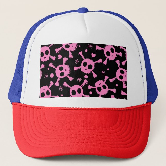 Pirate Skull: Girlish Hearts Pattern Trucker Hat (Front)
