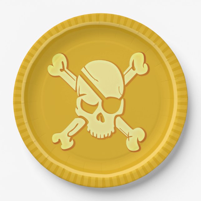 Pirate Skull Gold Coin Treasure Dubloon Paper Plate (Front)