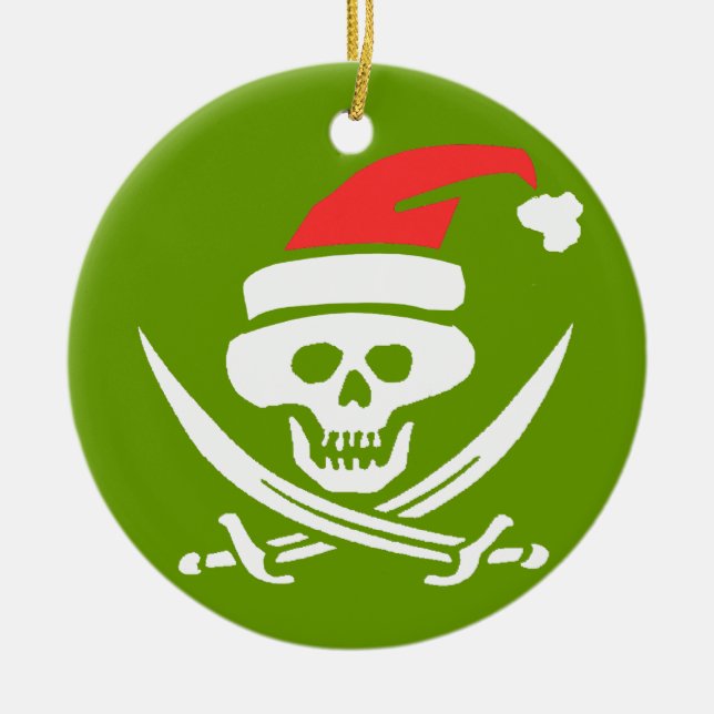 Pirate Skull Santa Jolly Roger Ceramic Tree Decoration (Front)