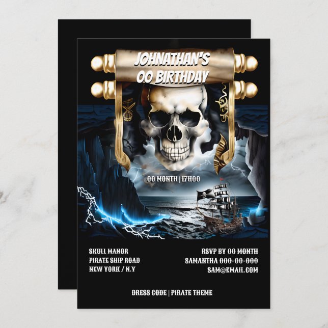 Pirate skull scroll ghost ship night storm sea invitation (Front/Back)