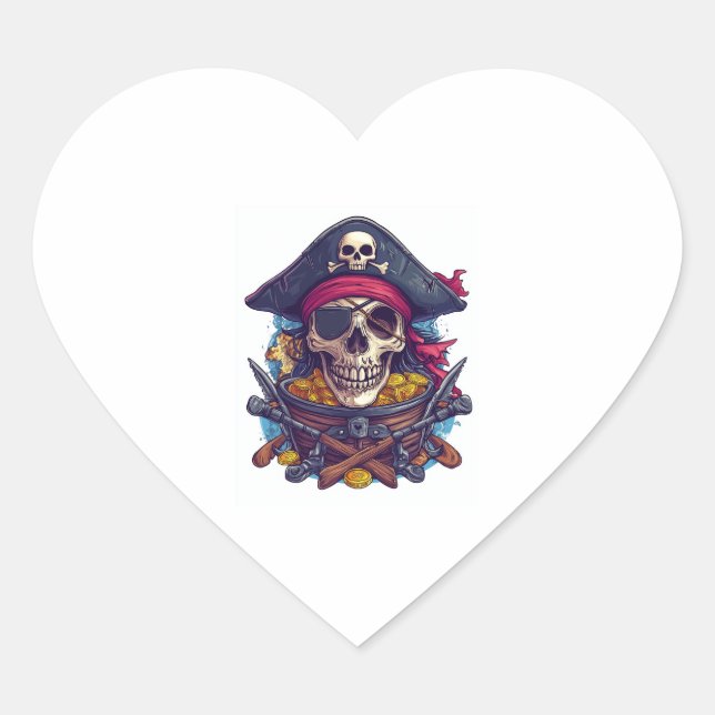 Pirate Skull Treasure Heart Sticker (Front)