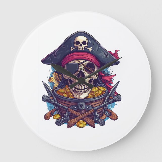 Pirate Skull Treasure Large Clock (Front)