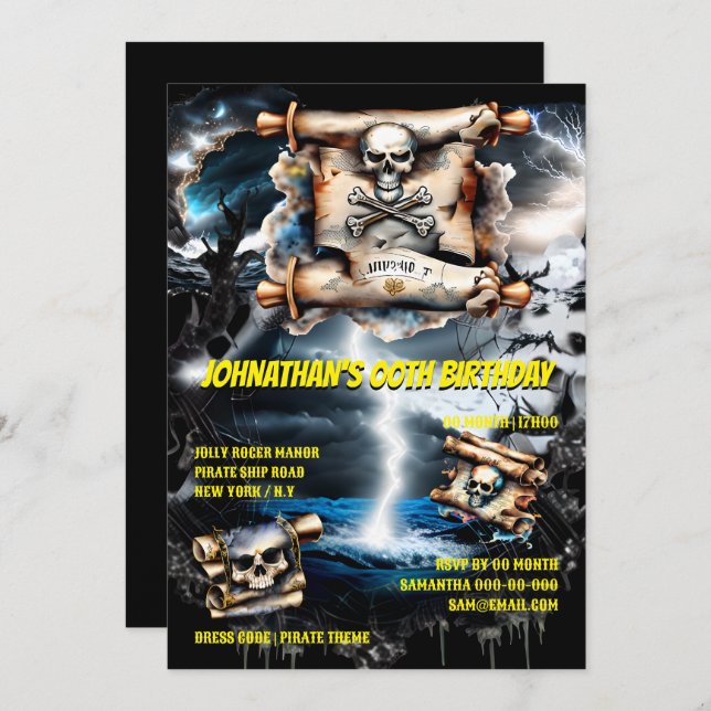 Pirate skull treasure map storm at sea  invitation (Front/Back)