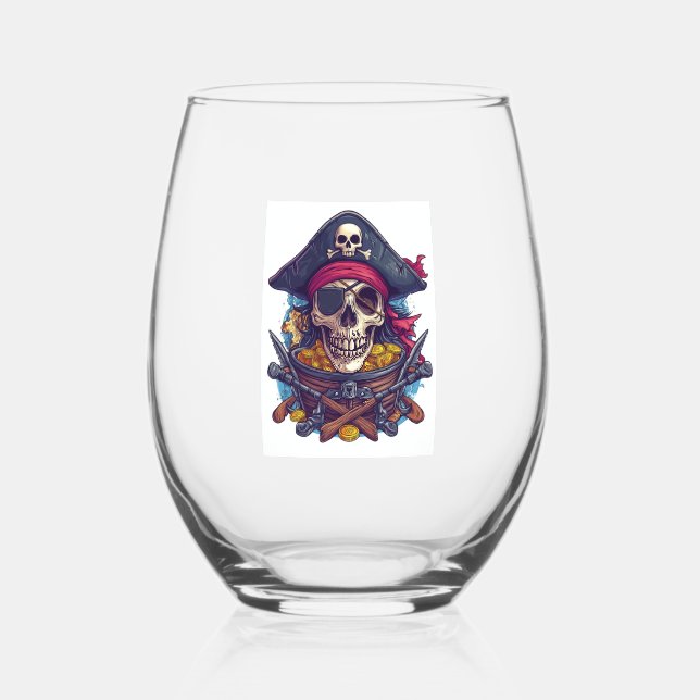 Pirate Skull Treasure Stemless Wine Glass (Front)