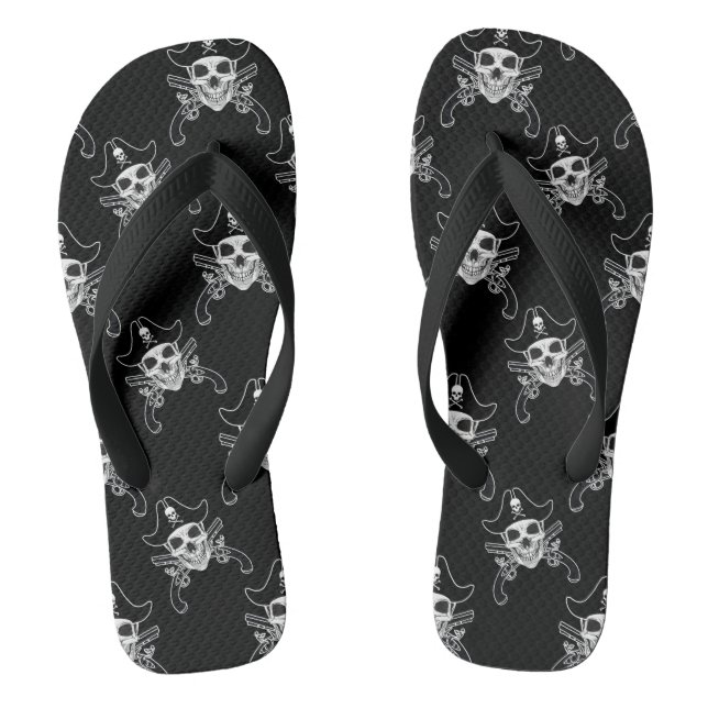 Pirate Skull, Wide Straps, Womens 8/9 - Mens 7/8 Flip Flops (Footbed)