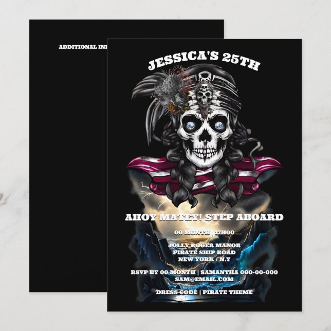 Pirate skull woman cave treasure theme party invitation (Front/Back)