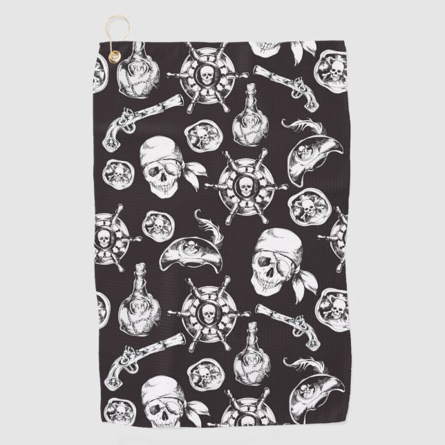 Pirate skulls black white pattern golf towel (Front)