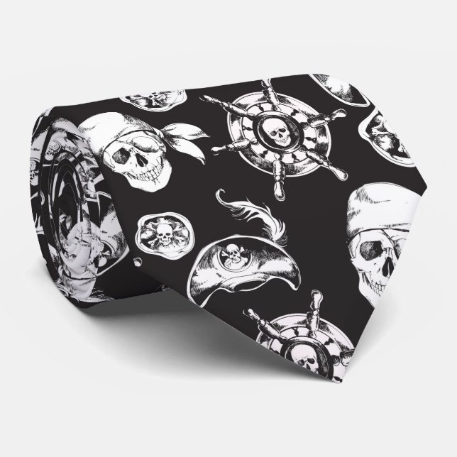 Pirate skulls black white pattern tie (Rolled)