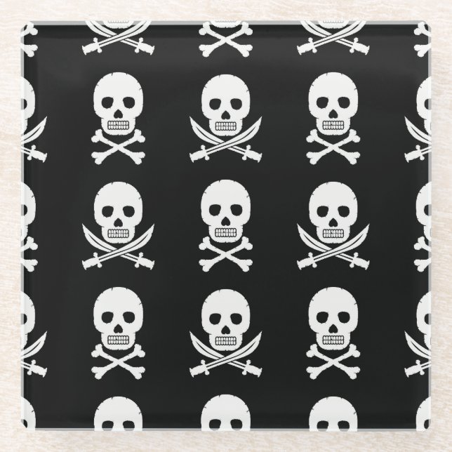 Pirate Skulls Crossbones Seamless Pattern Glass Coaster (Front)