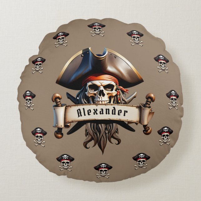 Pirate Skulls Personalise Round Cushion (Front)