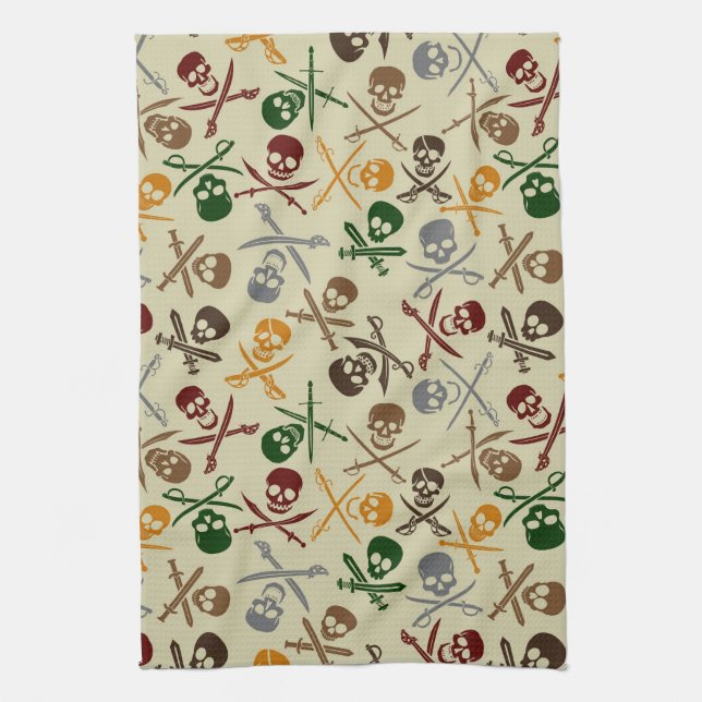 Pirate Skulls with Crossed Swords Tea Towel (Vertical)