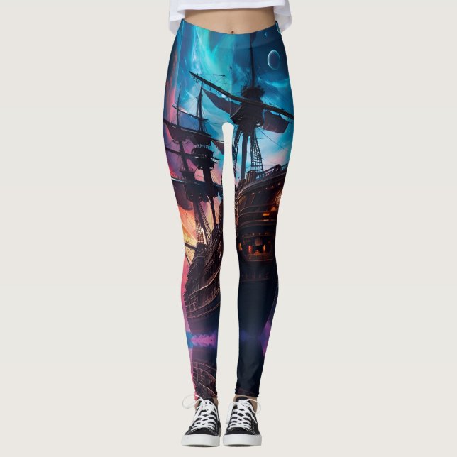 Pirate Space Ship Nebula and Moons  Leggings (Front)