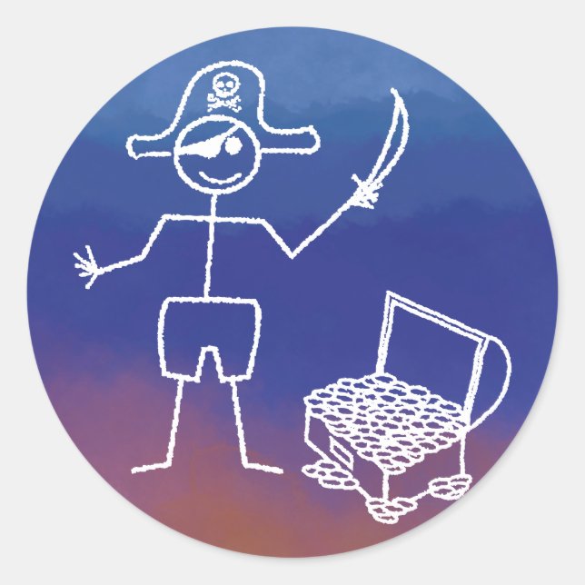 Pirate Stickman With Treasure Chest Watercolor Classic Round Sticker (Front)