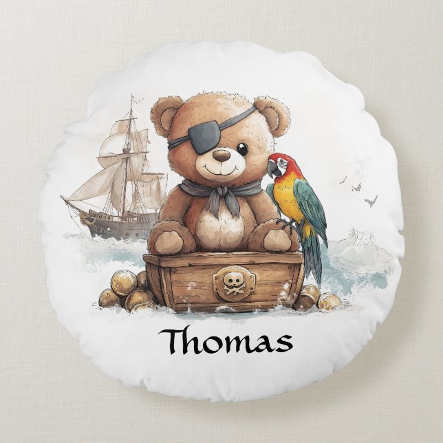Pirate Teddy Bear Adventure - Customizable Round Cushion (Front)