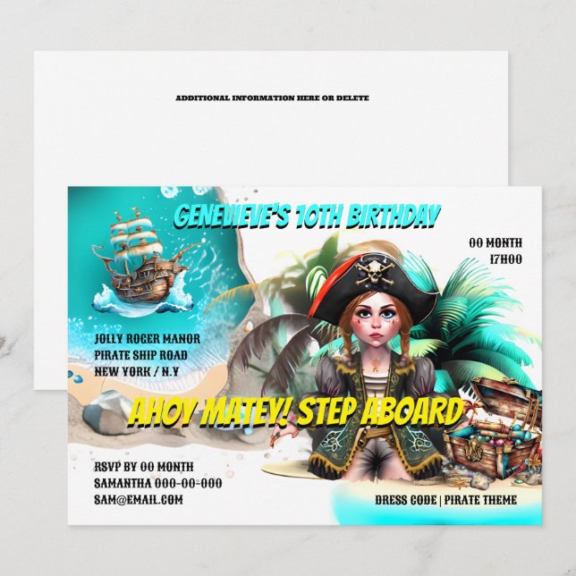 Pirate theme birthday girl captain treasure chest invitation (Front/Back)