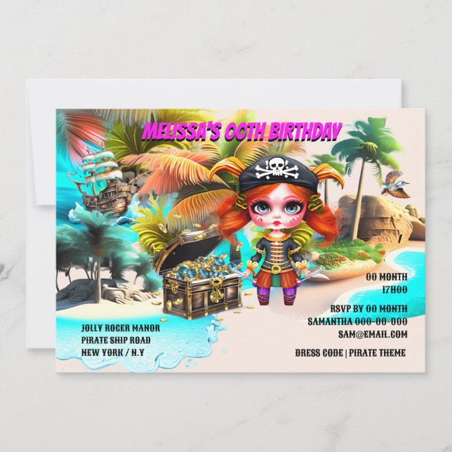 Pirate theme birthday | Girl captain treasure Invitation (Front)