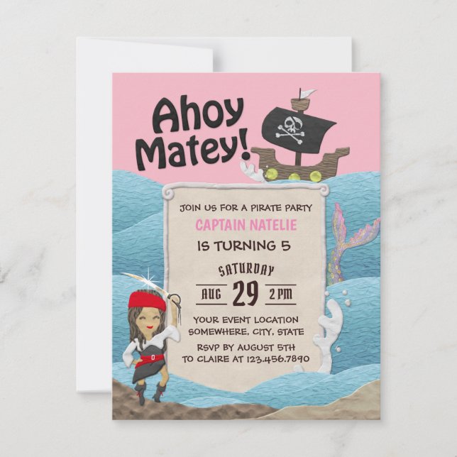 Pirate Theme Captain Girl Birthday Party Invitation (Front)