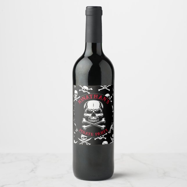 Pirate theme Party Adult Ship Skull  Black Wine Label (Front)