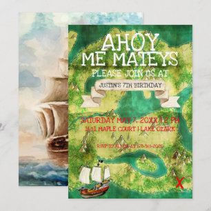 Pirate Theme Party Watercolor Treasure Map Invitation
